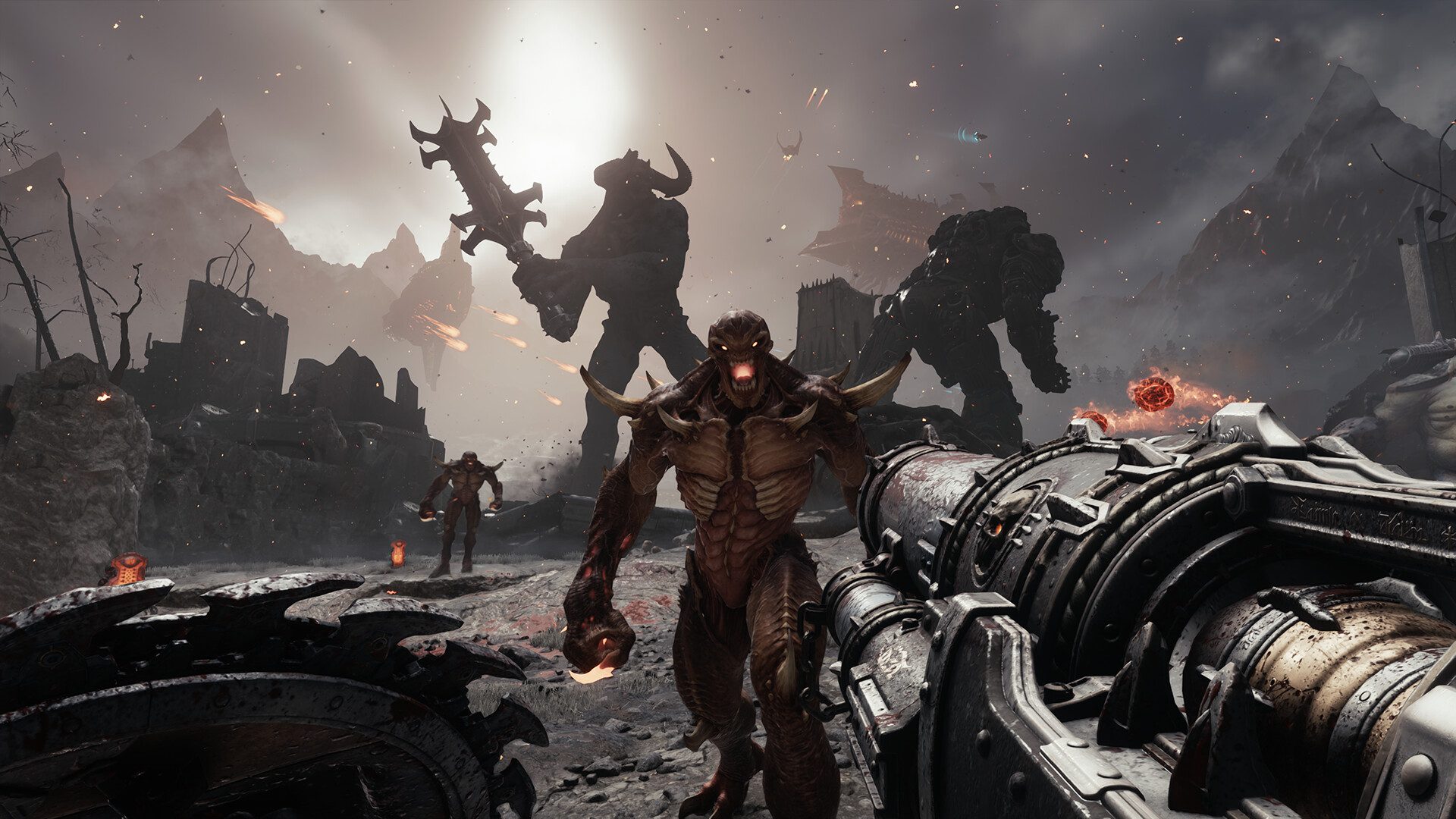 First-person view of the Doom Slayer facing off against multiple demons, including a large, armored figure wielding a massive spiked club, in a dark, mountainous environment with fire and smoke.