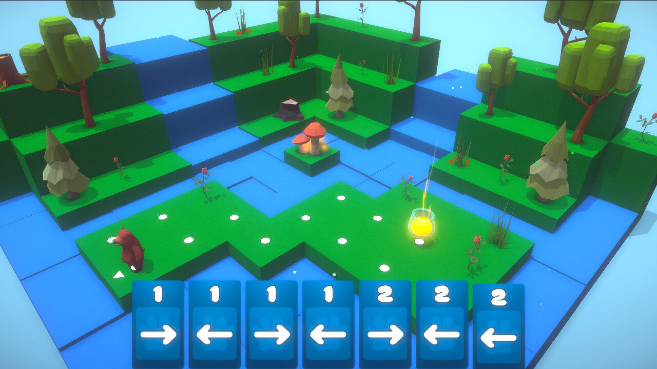 A top-down view of a brightly colored, low-poly game environment from Honeyland, featuring green grassy areas, blue water tiles, trees, and a small brown bear character named Mr. Fluff near a glowing yellow jar. User interface elements at the bottom show numbered paw prints with directional arrows.