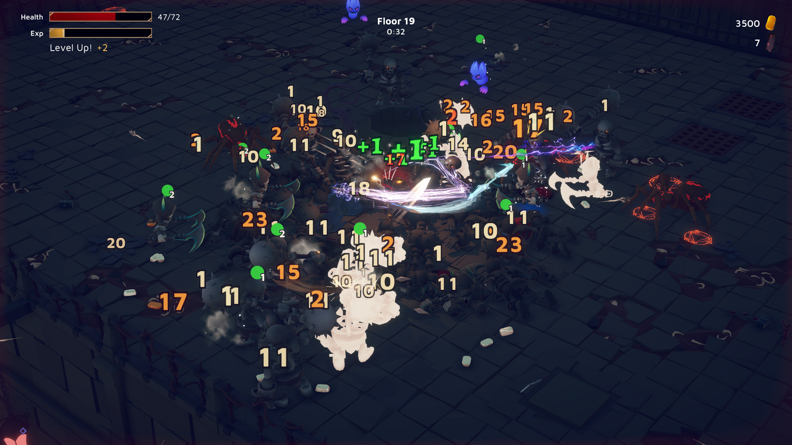 Massive dungeon brawl with dozens of enemies, glowing effects, and damage numbers