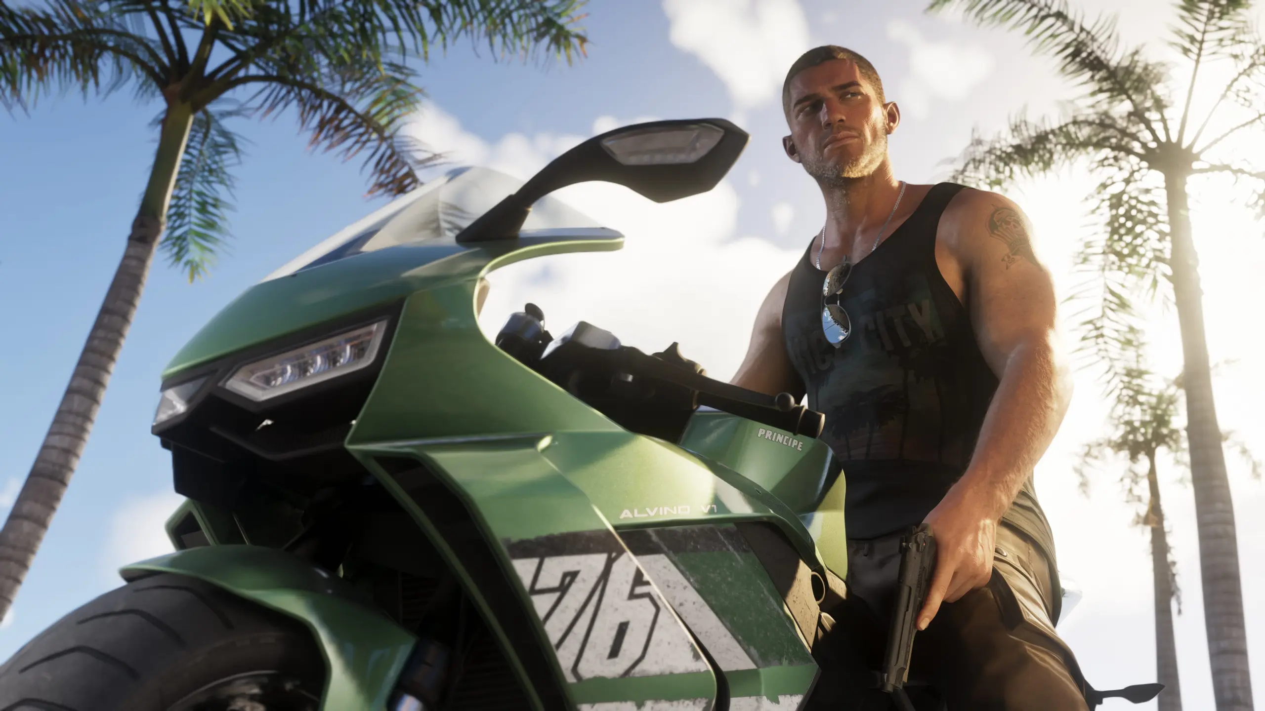 Jason stands beside a green motorbike in GTA 6 under the Florida sun
