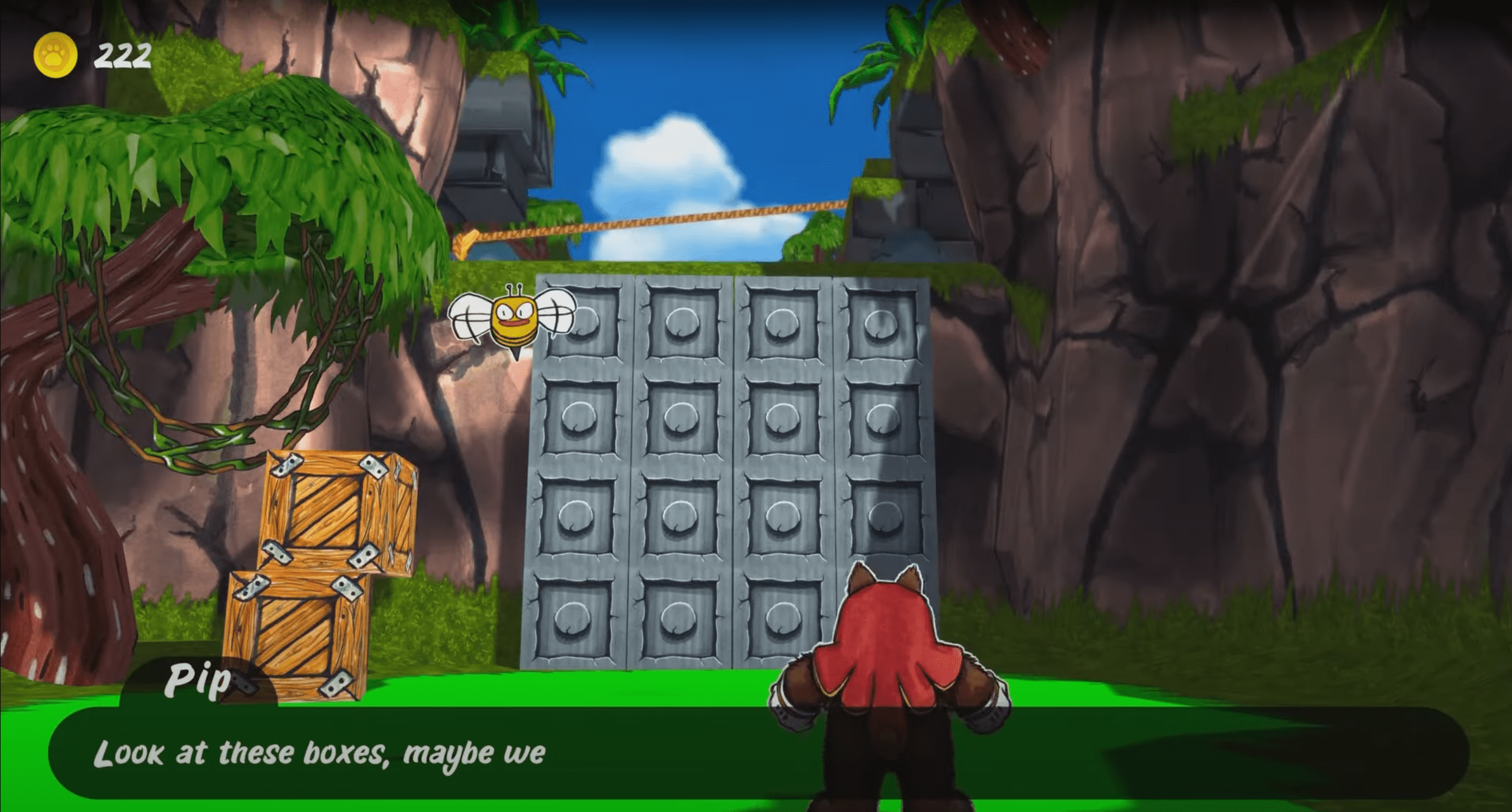 Ruffy stands before a wall of blocks as Pip offers a tip