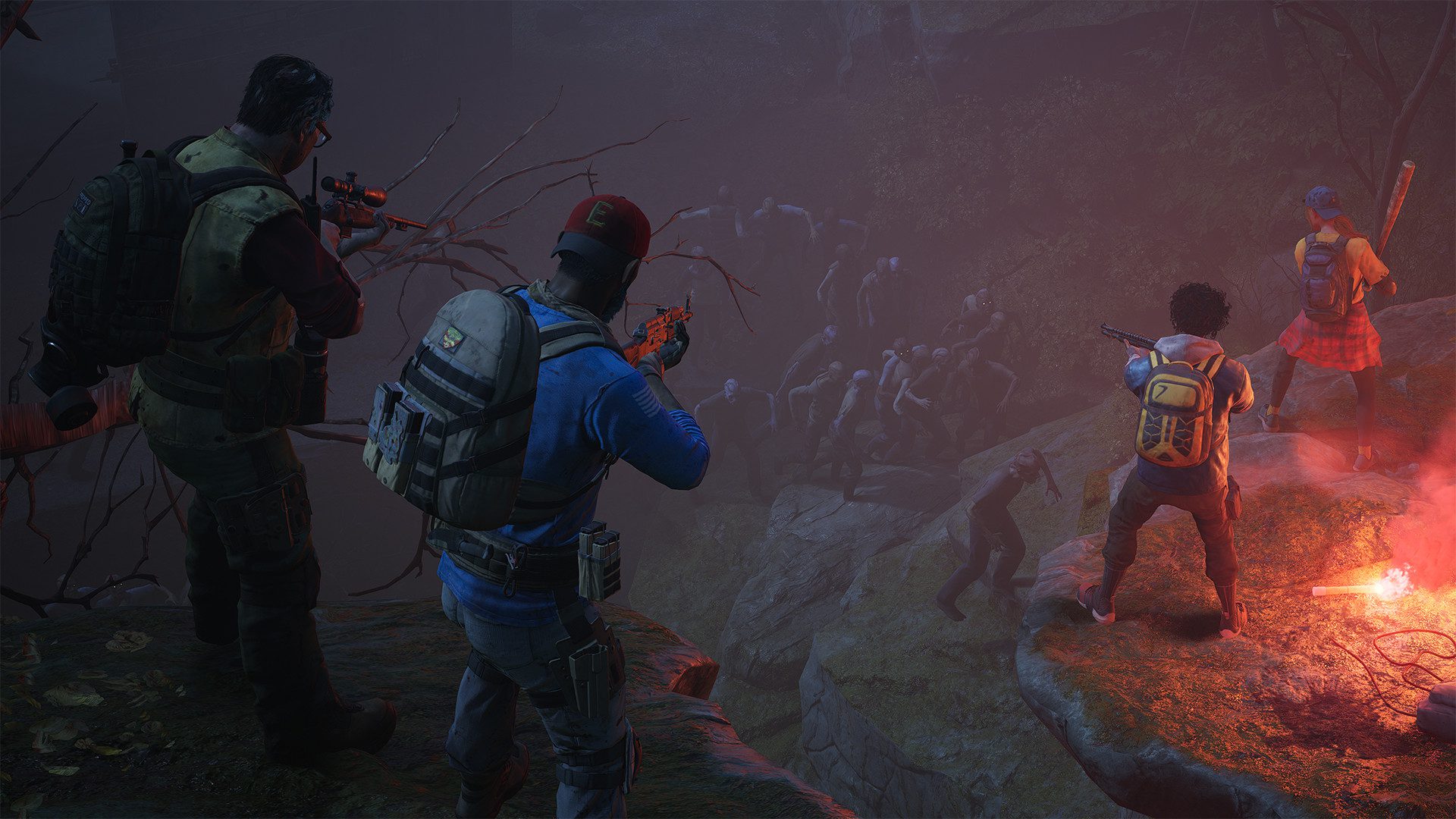 A dark and atmospheric screenshot from Back 4 Blood, showing four survivors armed with various weapons, facing a horde of zombies in a misty, forested environment illuminated by a red flare.