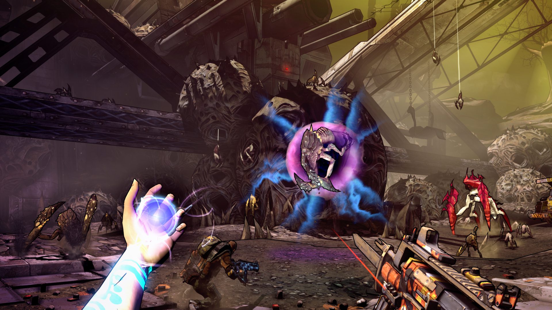 A first-person perspective screenshot from Borderlands 2 showing a player character's glowing hand activating a purple and blue energy sphere around an enemy, while other enemies and a gun are visible in a dark, industrial environment.