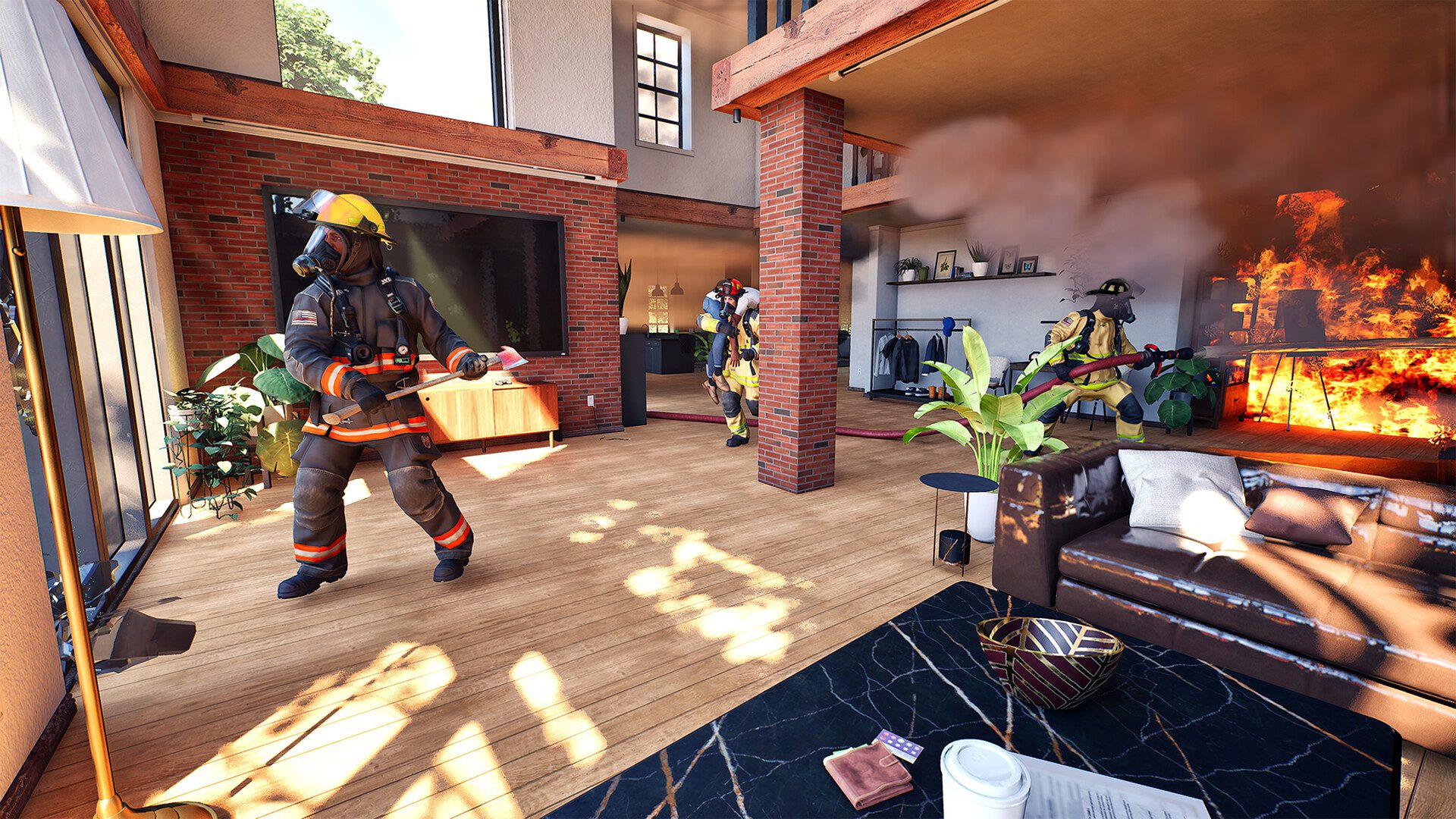 Firefighters rescue a civilian and battle intense flames in a modern living room.