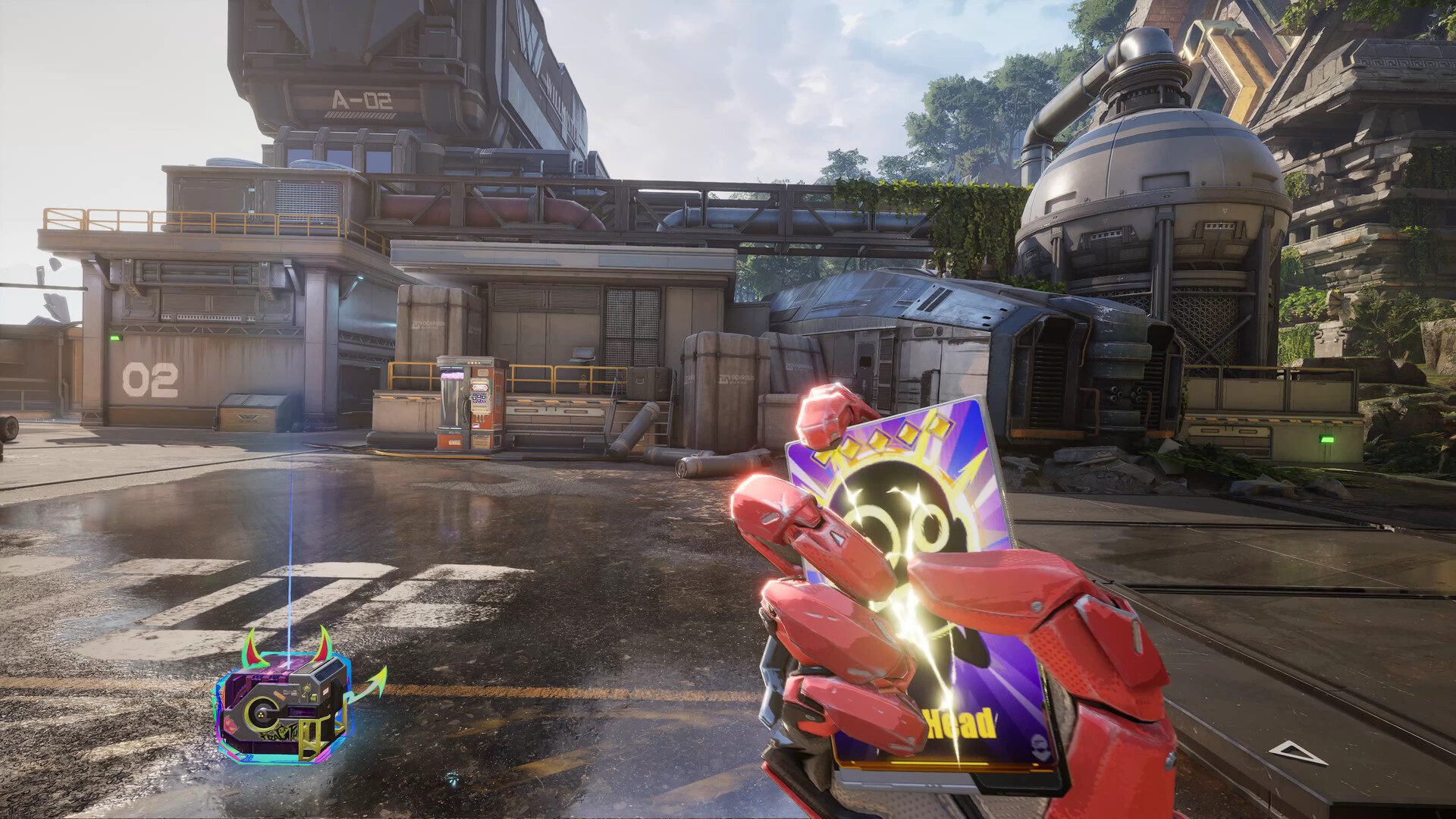 Red mechanical hand holding a glowing card in a futuristic industrial arena in FragPunk