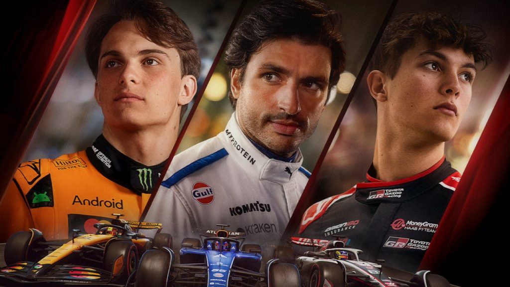 Three Formula 1 drivers featured in a promotional collage, with their cars displayed underneath.