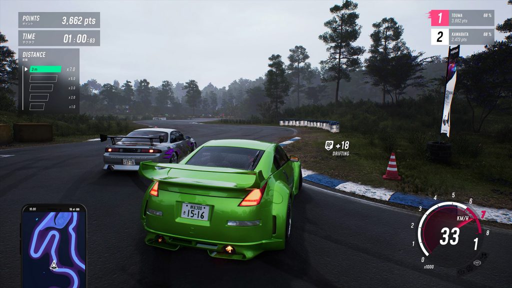 Green drift car taking a corner in JDM Japanese Drift Master, with another car ahead on a wet racetrack and UI elements showing score, minimap and speed.