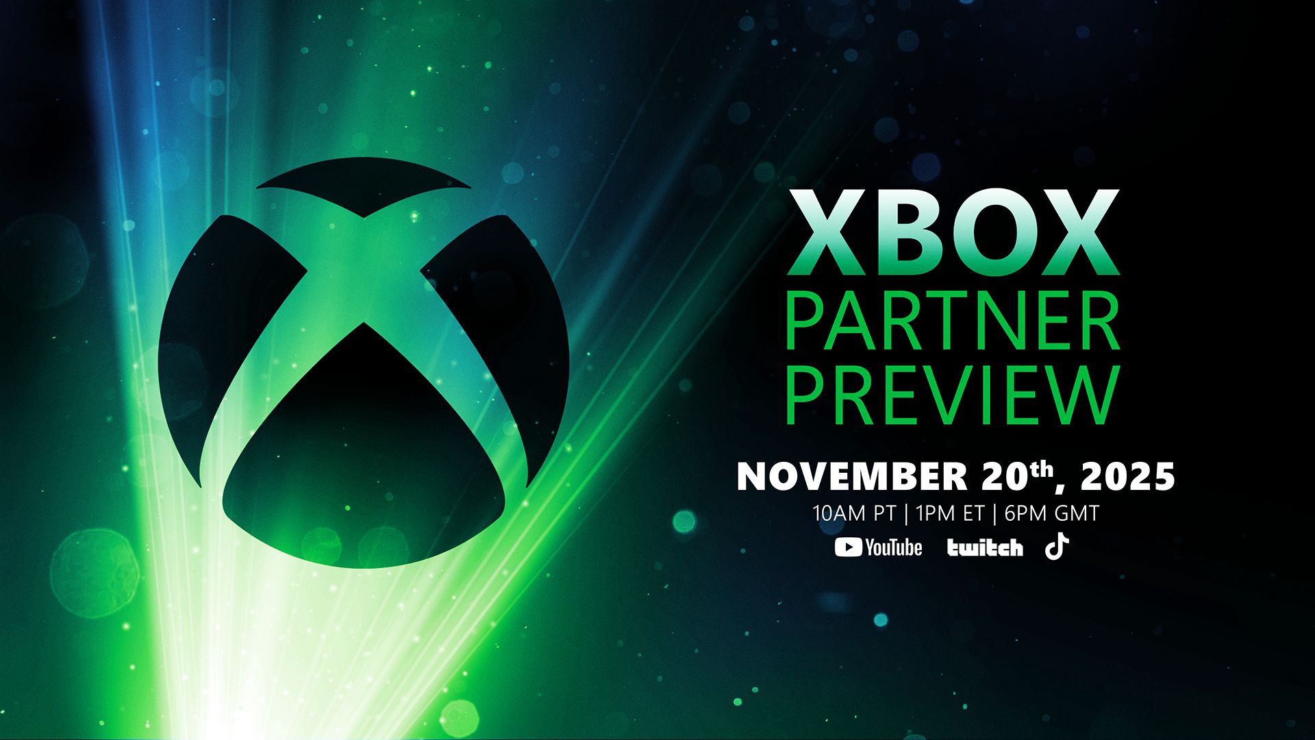 Green and black Xbox Partner Preview promo image showing the Xbox logo and event details for November 20th, 2025.
